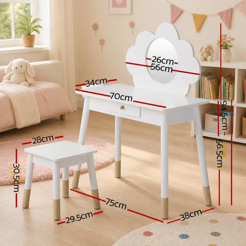 Kids Dressing Table Set Wooden White with Mirror and Drawer