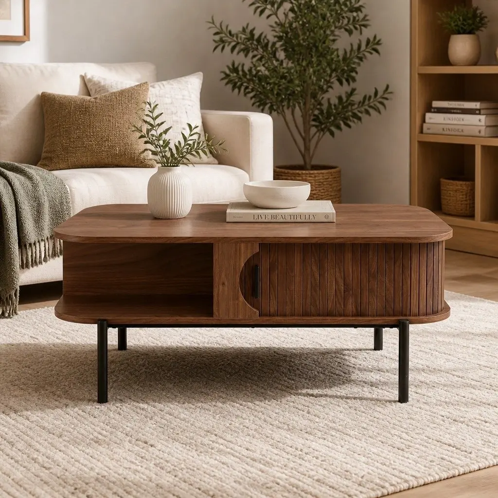 Coffee Table Walnut 100cm x 50cm x 43cm 2-Tier Open Shelves Storage Cabinets Metal Legs