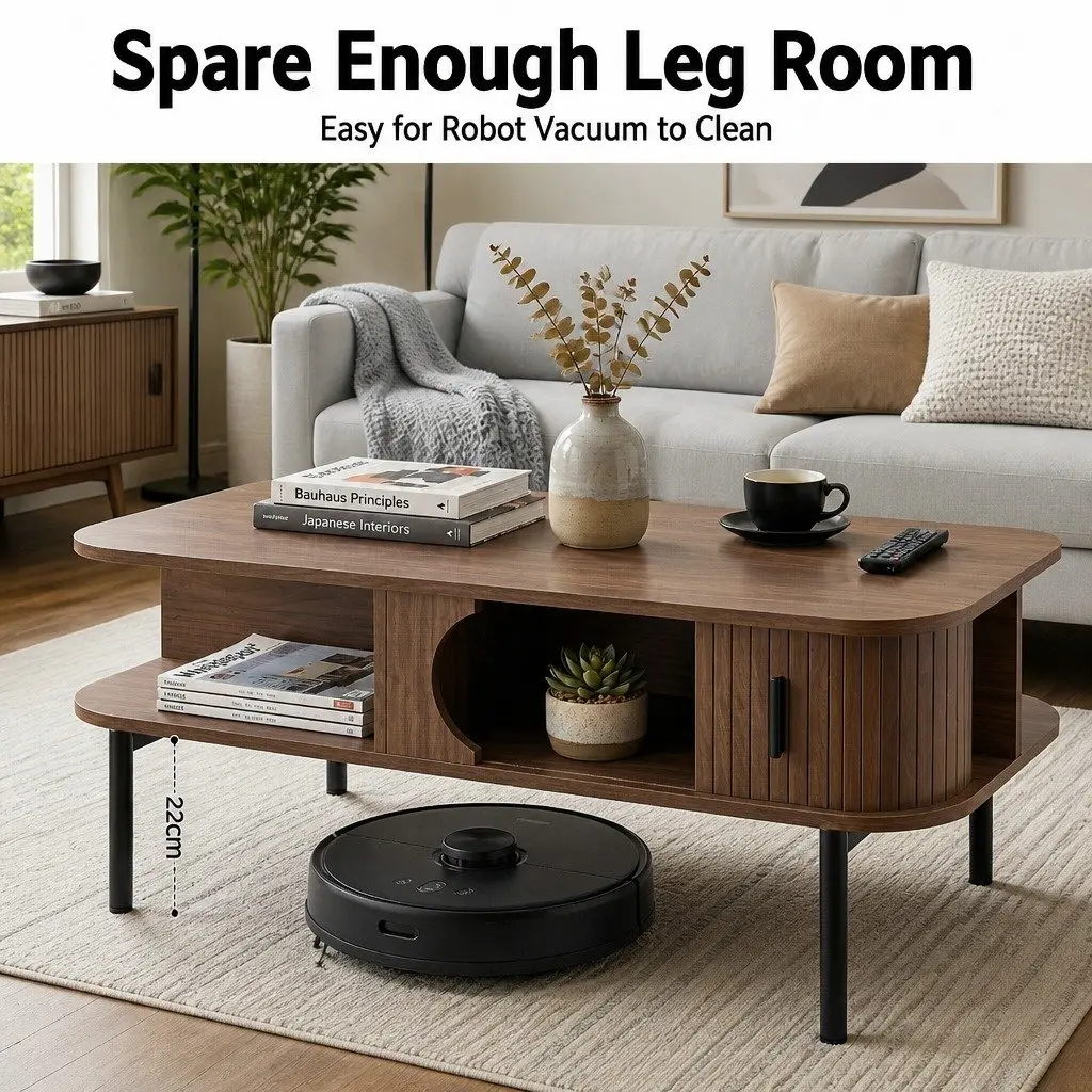 Coffee Table Walnut 100cm x 50cm x 43cm 2-Tier Open Shelves Storage Cabinets Metal Legs