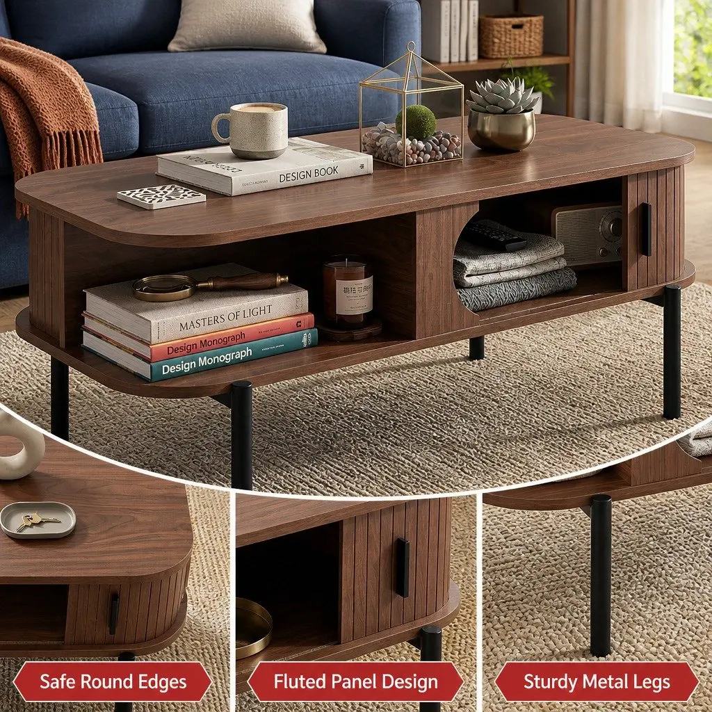 Coffee Table Walnut 100cm x 50cm x 43cm 2-Tier Open Shelves Storage Cabinets Metal Legs