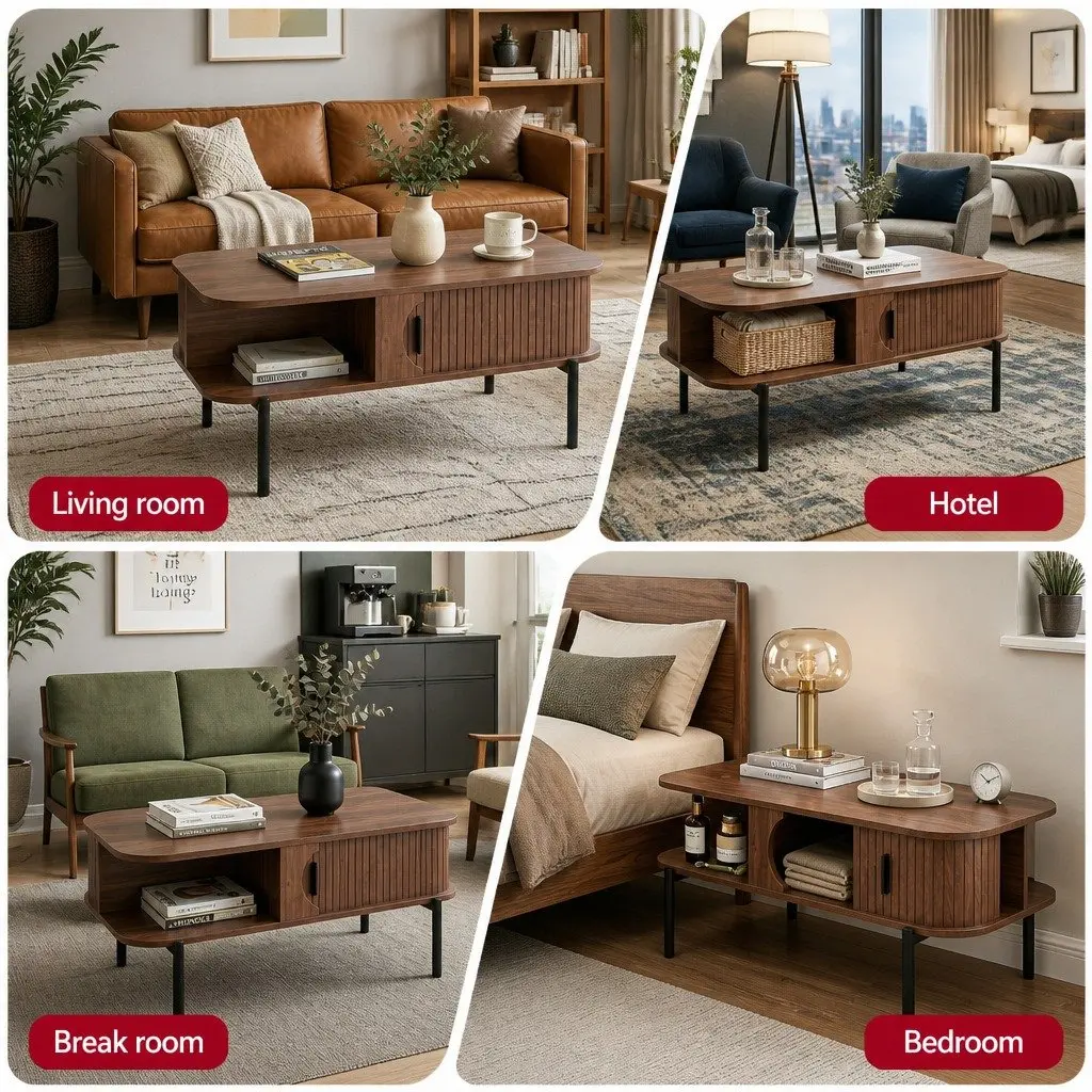 Coffee Table Walnut 100cm x 50cm x 43cm 2-Tier Open Shelves Storage Cabinets Metal Legs