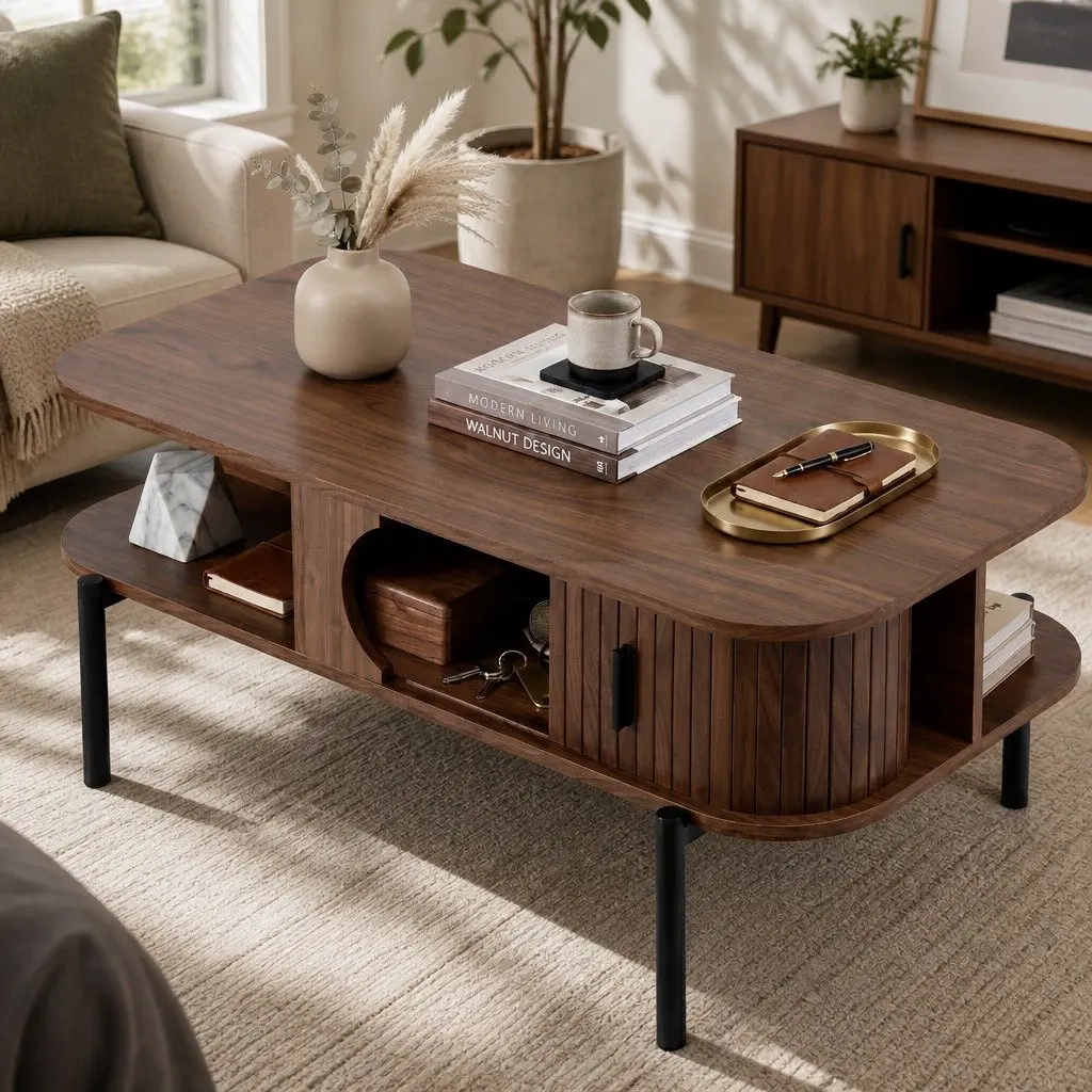Coffee Table Walnut 100cm x 50cm x 43cm 2-Tier Open Shelves Storage Cabinets Metal Legs