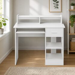 Computer Desk White 100CM Office Storage Cabinet Shelves Drawer Keyboard Tray