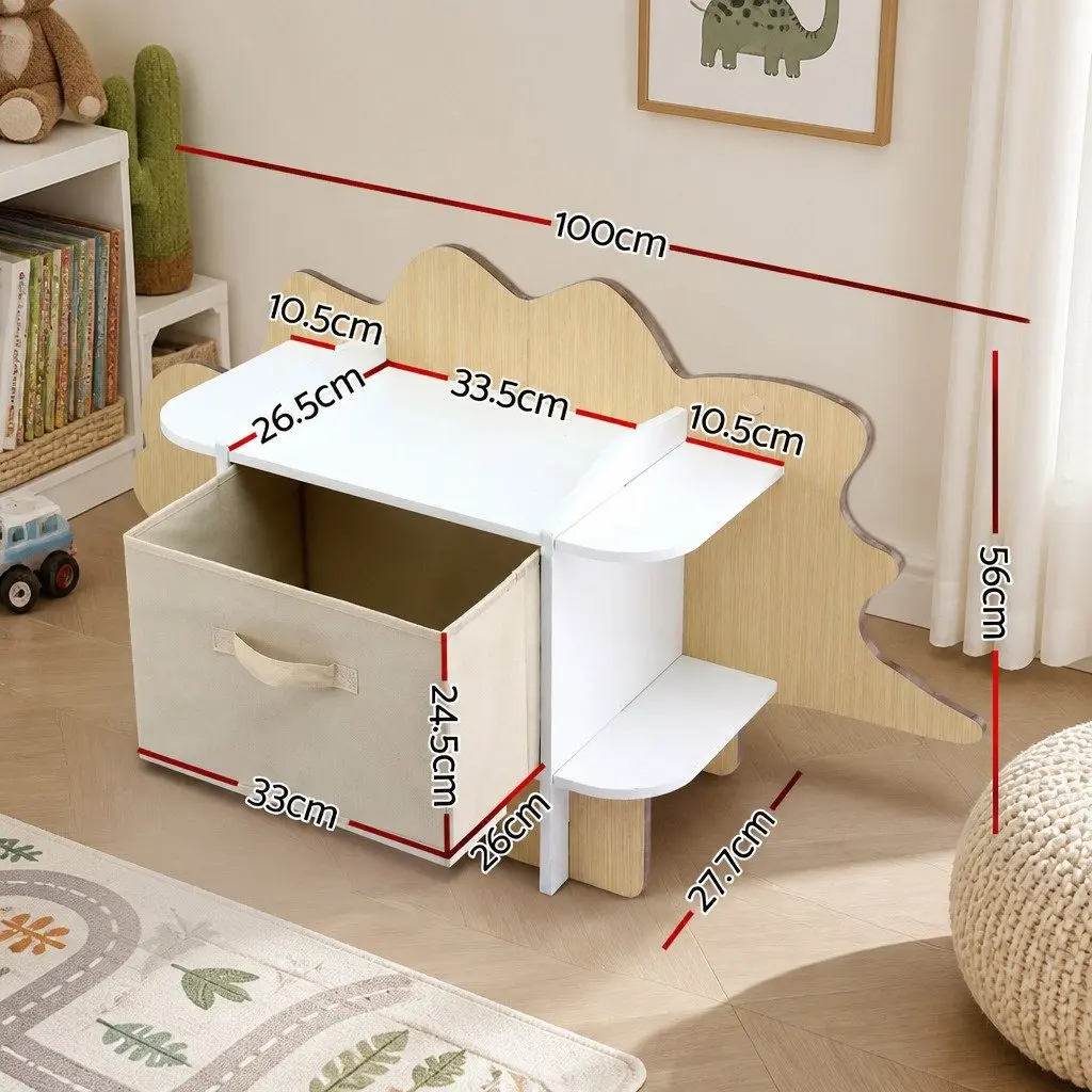 Dinosaur Kids Bookshelf 2-Tier Wooden Bookcase with Fabric Drawer Storage