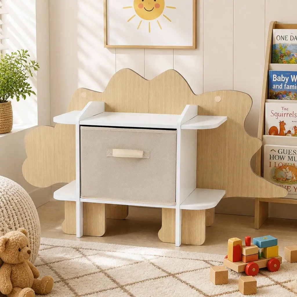 Dinosaur Kids Bookshelf 2-Tier Wooden Bookcase with Fabric Drawer Storage