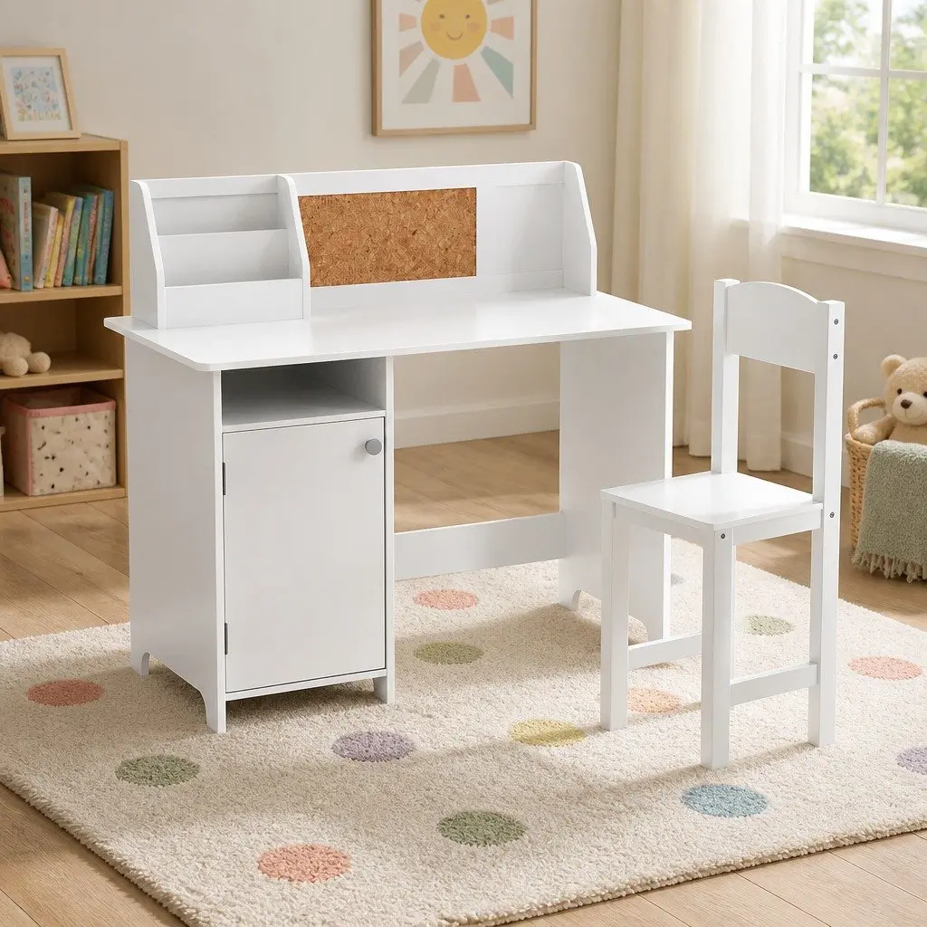 Kids Table and Chair Set MDF Construction with Storage Cabinet White