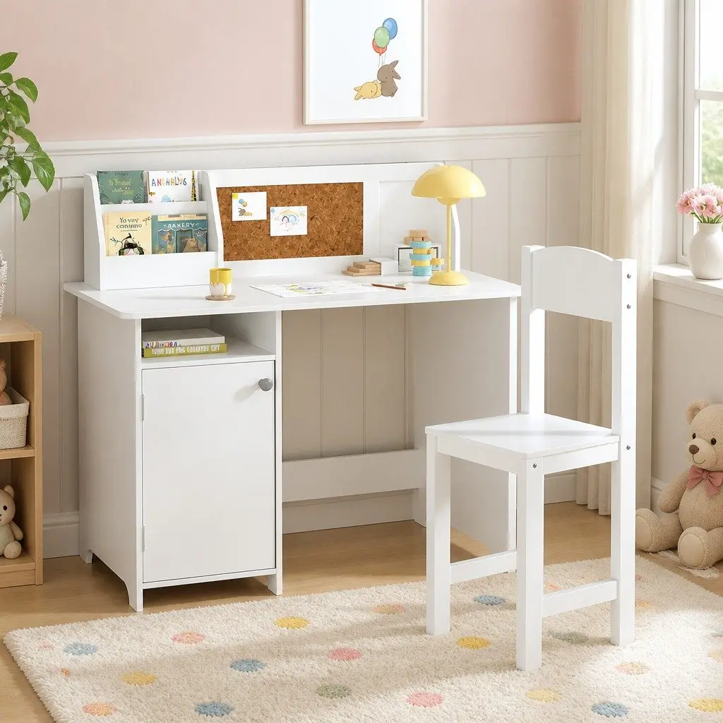 Kids Table and Chair Set MDF Construction with Storage Cabinet White
