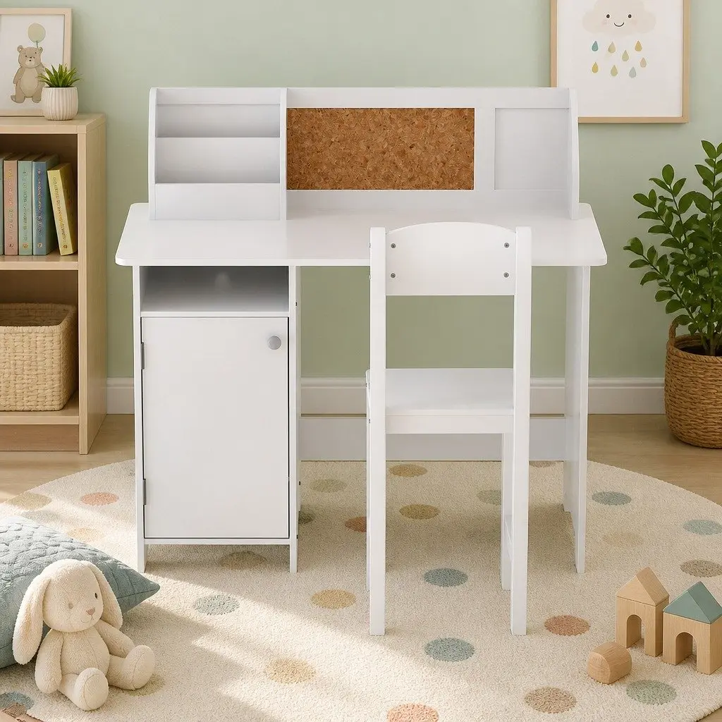 Kids Table and Chair Set MDF Construction with Storage Cabinet White
