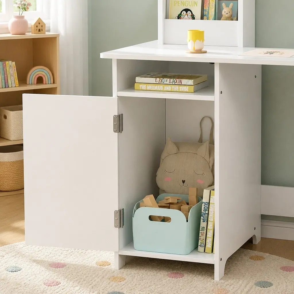 Kids Table and Chair Set MDF Construction with Storage Cabinet White