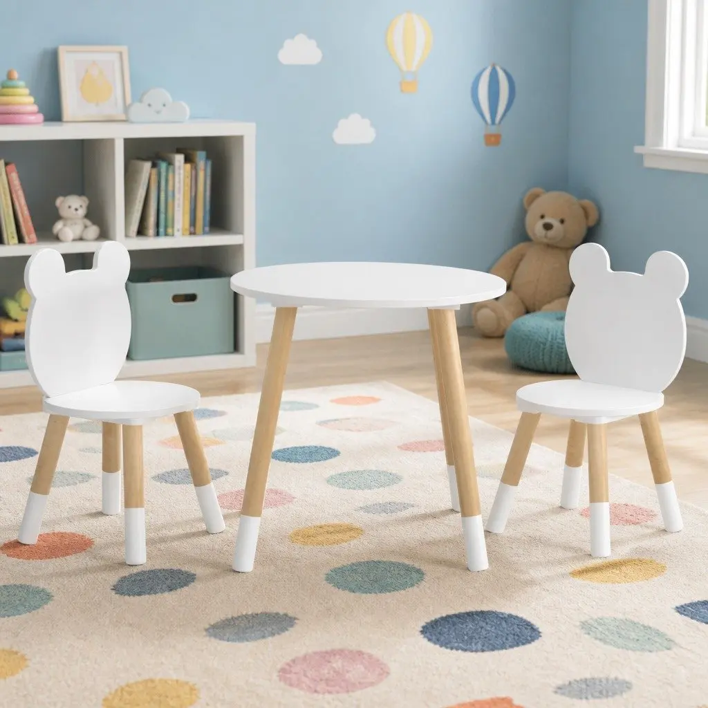Kids Table and Chairs Set MDF and Pinewood 3 Piece White
