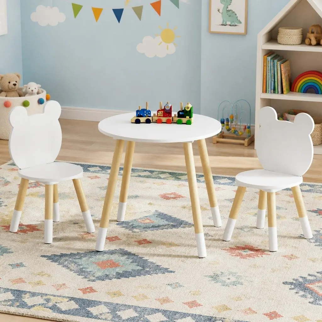 Kids Table and Chairs Set MDF and Pinewood 3 Piece White