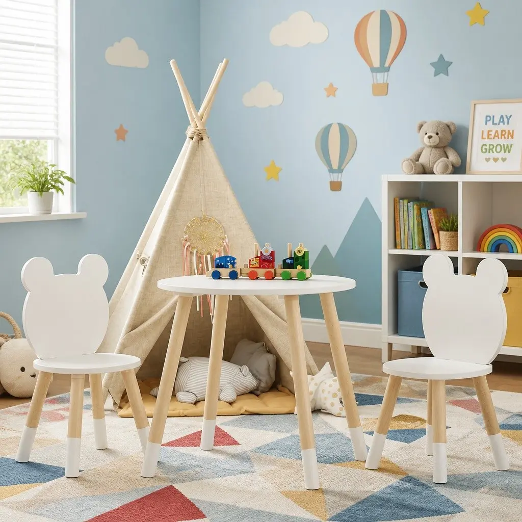 Kids Table and Chairs Set MDF and Pinewood 3 Piece White