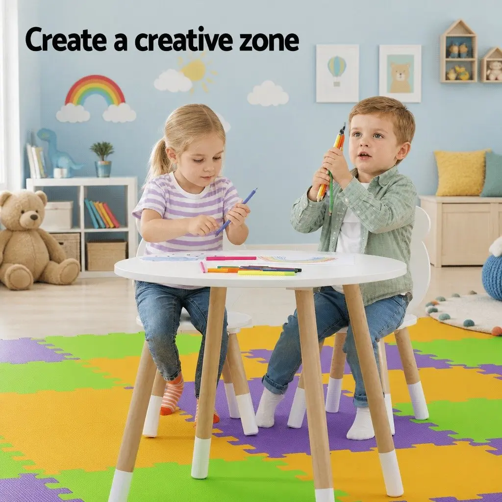 Kids Table and Chairs Set MDF and Pinewood 3 Piece White