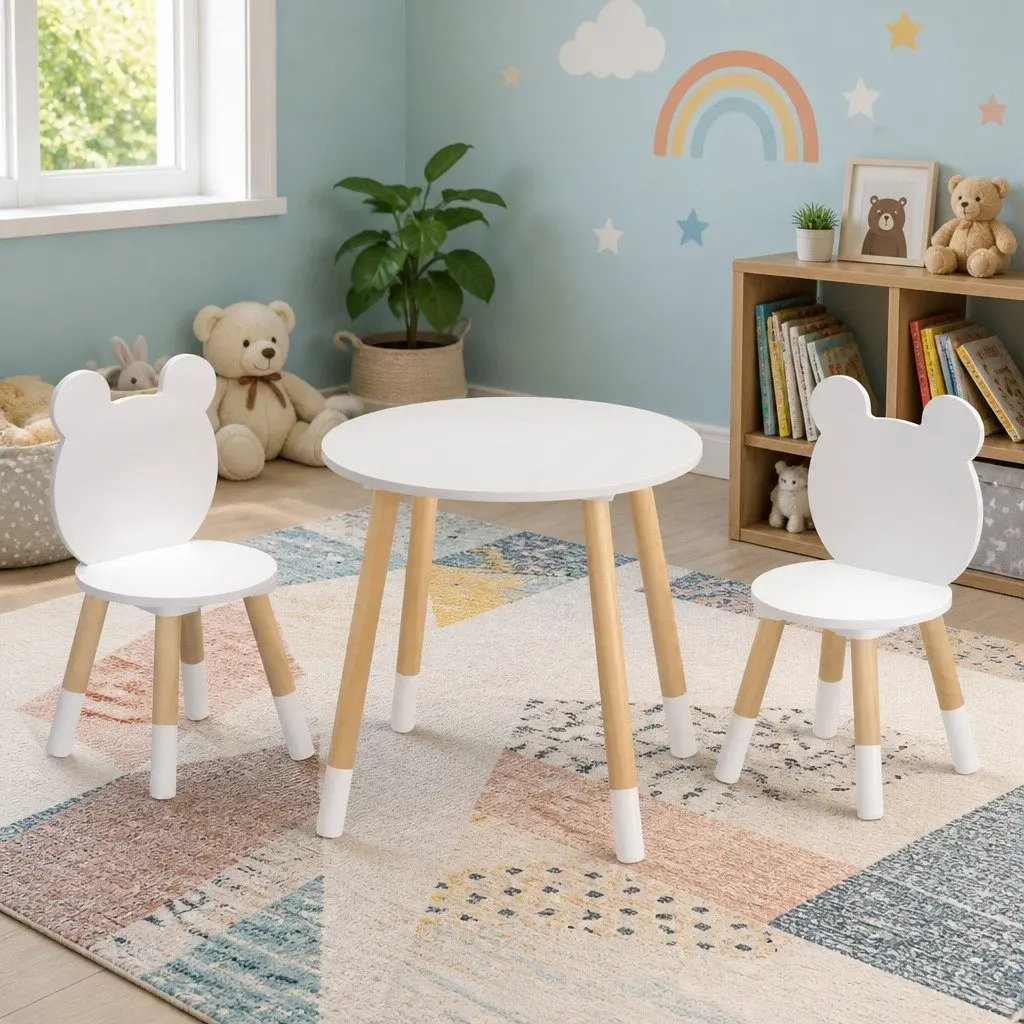Kids Table and Chairs Set MDF and Pinewood 3 Piece White