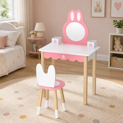 Kids Dressing Table Bunny Ear Design Wooden Vanity with Stool Mirror Pink