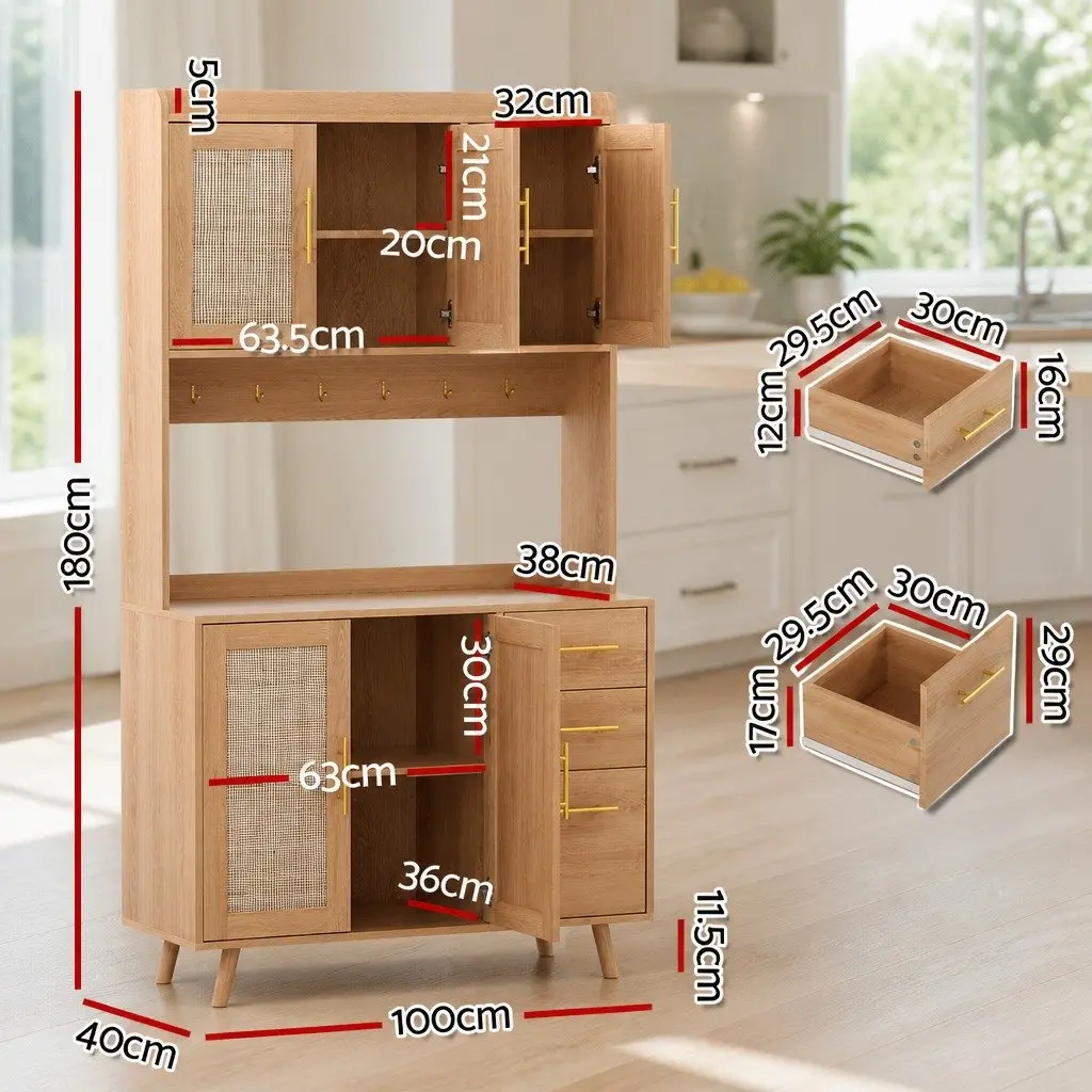 Buffet Sideboard Cabinet Rattan Doors Adjustable Shelves Pine Wood 100cm x 40cm x 180cm