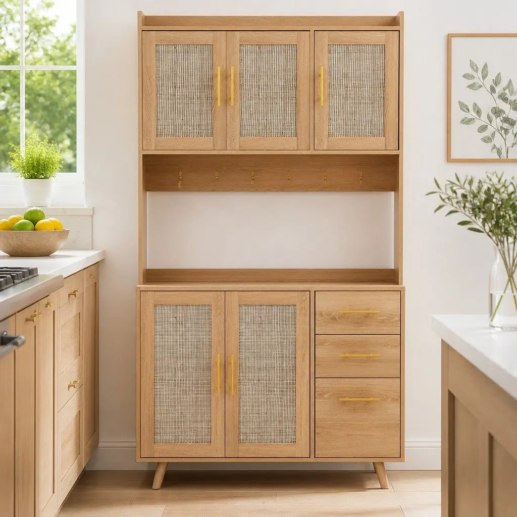 Buffet Sideboard Cabinet Rattan Doors Adjustable Shelves Pine Wood 100cm x 40cm x 180cm