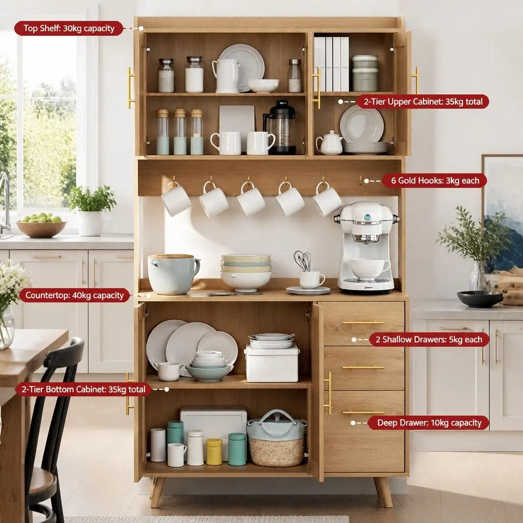 Buffet Sideboard Cabinet Rattan Doors Adjustable Shelves Pine Wood 100cm x 40cm x 180cm