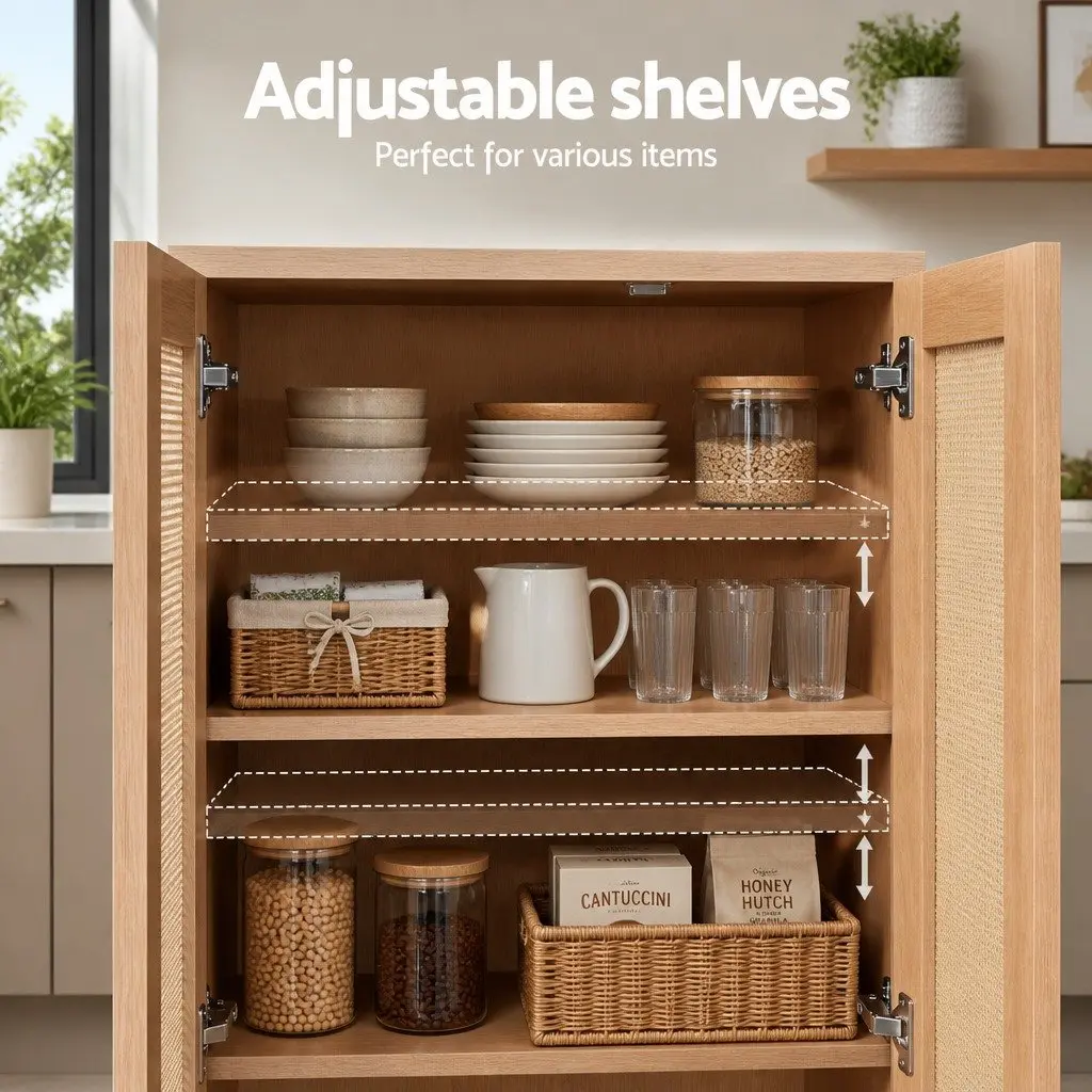 Buffet Sideboard Cabinet Rattan Doors Adjustable Shelves Pine Wood 100cm x 40cm x 180cm