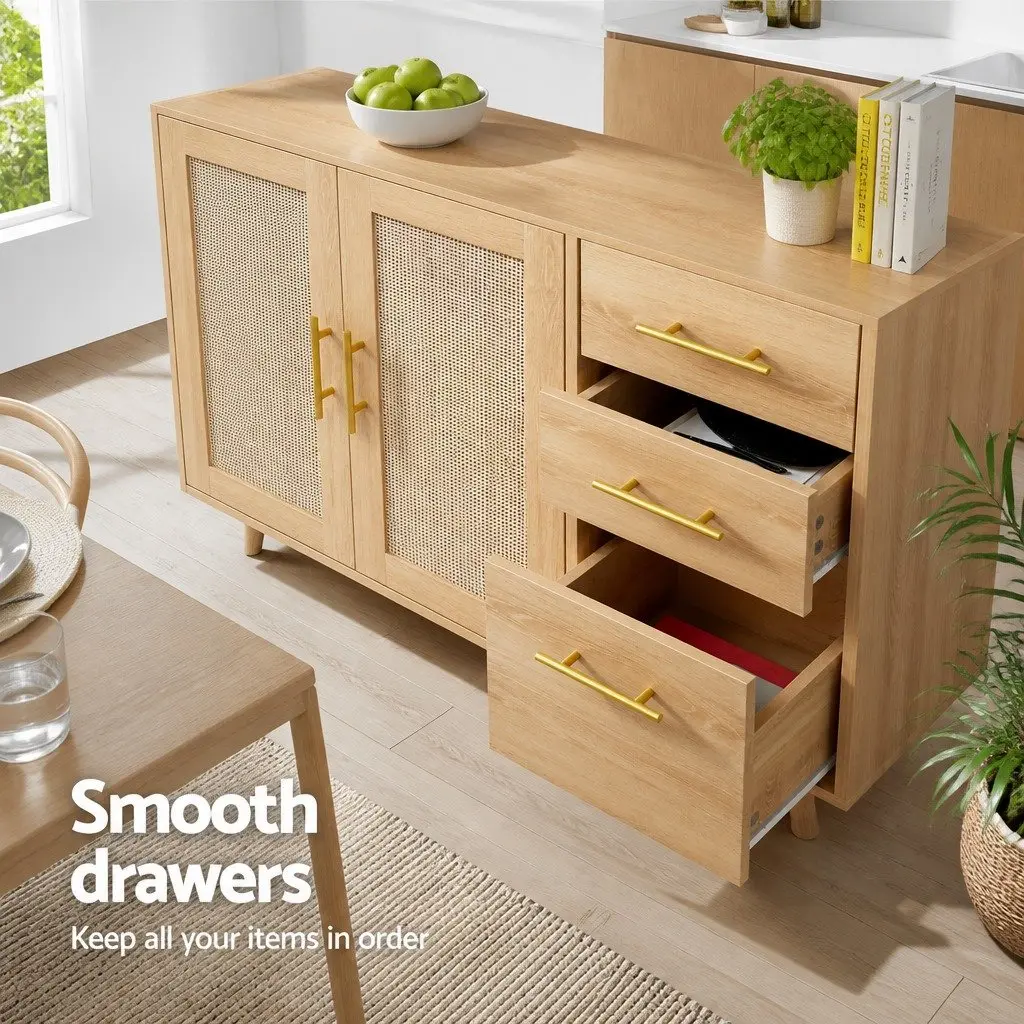 Buffet Sideboard Cabinet Rattan Doors Adjustable Shelves Pine Wood 100cm x 40cm x 180cm
