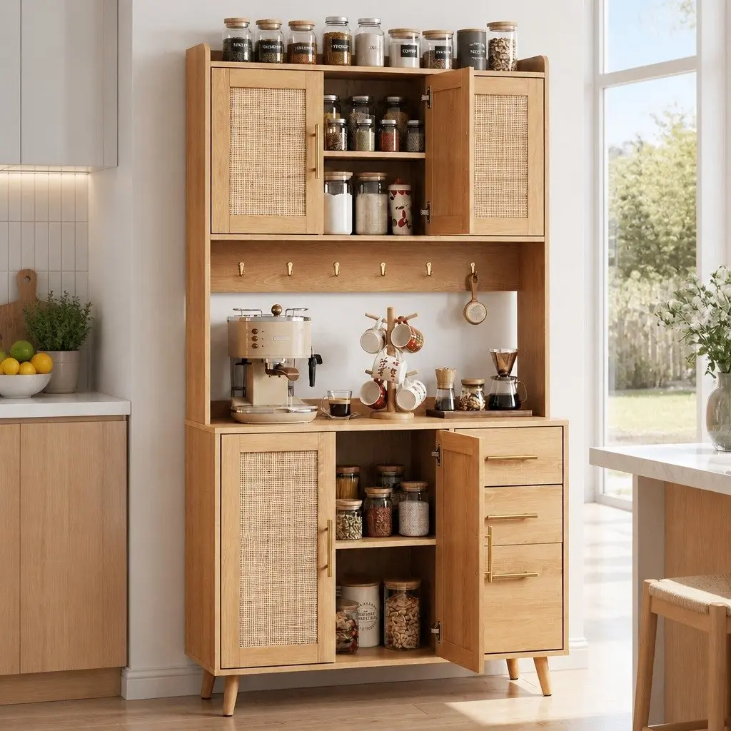 Buffet Sideboard Cabinet Rattan Doors Adjustable Shelves Pine Wood 100cm x 40cm x 180cm