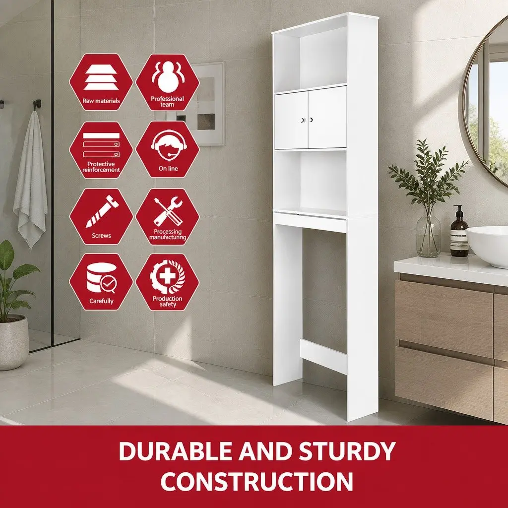Bathroom Cabinet Over the Toilet Storage Shelf Organizer White E1 MDF Board 63 x 19 x 195cm