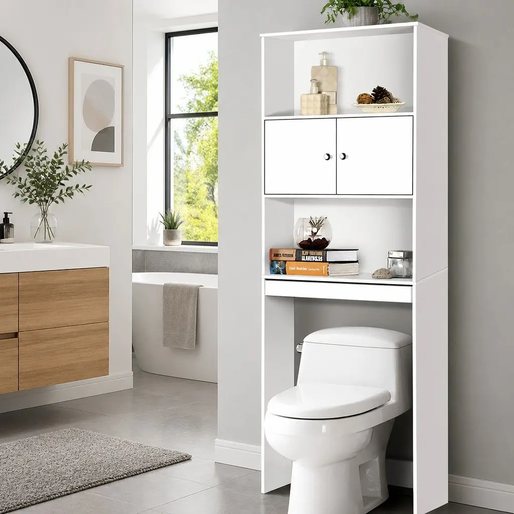 Bathroom Cabinet Over the Toilet Storage Shelf Organizer White E1 MDF Board 63 x 19 x 195cm
