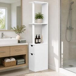 Bathroom Cabinet Storage 118cm Tall Toilet Shelf Unit White Contemporary Design