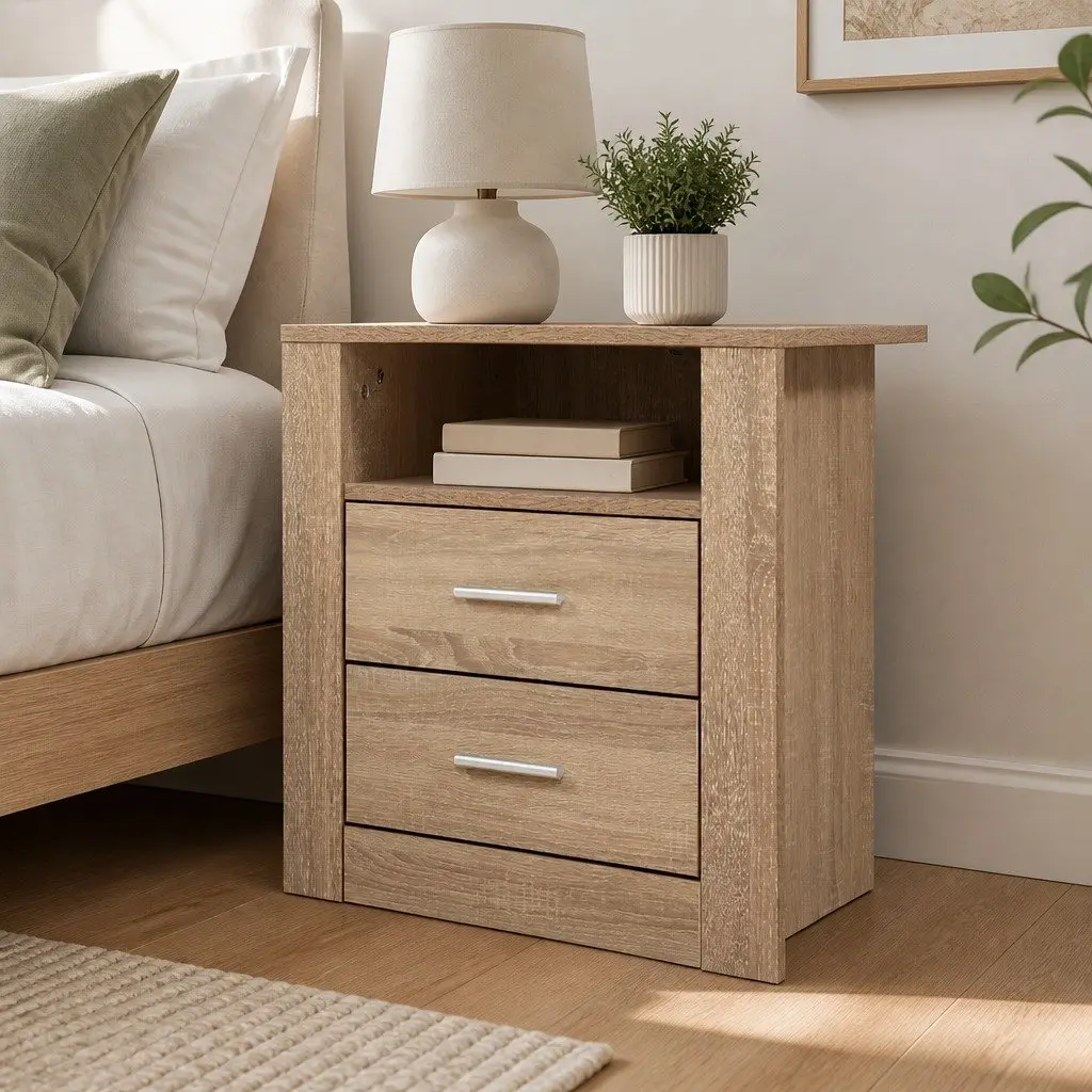 Bedside Table 2 Drawers with Shelf Oak Nightstand Storage Bedroom Furniture