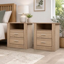 Bedside Table 2 Drawers Open Shelf Storage Unit Modern Bedroom Furniture Oak