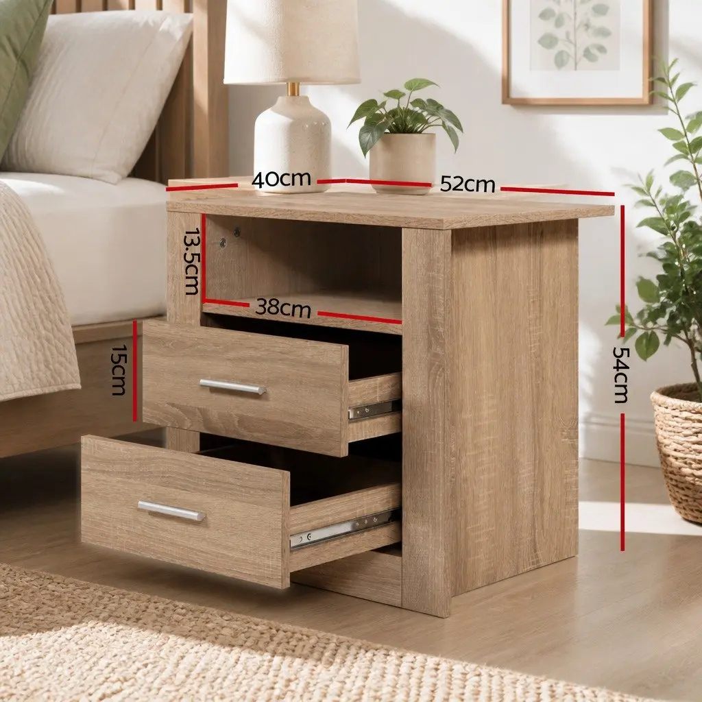 Oak Bedside Table Storage Unit Open Shelf 2 Drawers 52cm x 40cm x 54cm