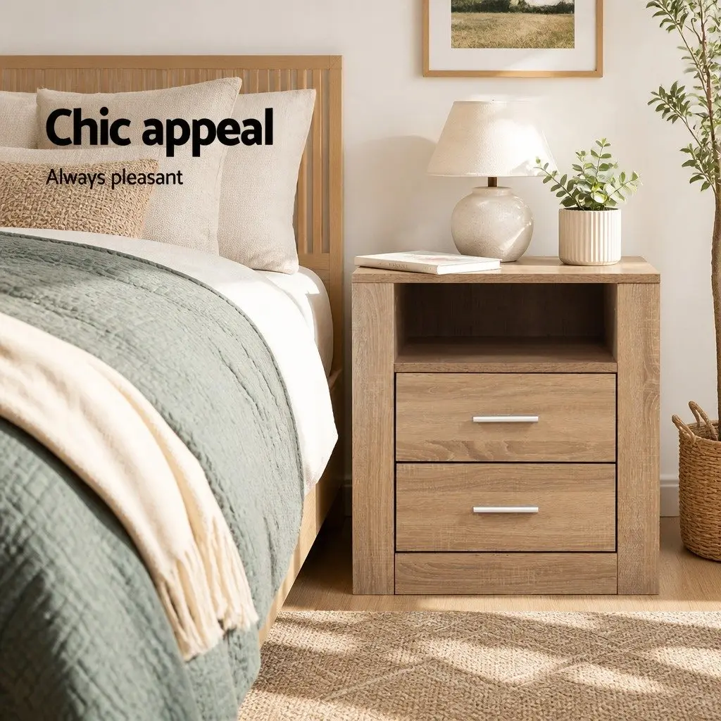 Oak Bedside Table Storage Unit Open Shelf 2 Drawers 52cm x 40cm x 54cm