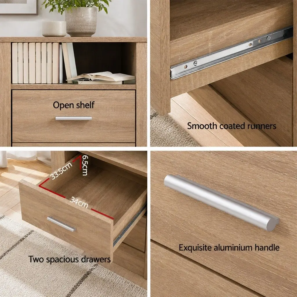 Oak Bedside Table Storage Unit Open Shelf 2 Drawers 52cm x 40cm x 54cm