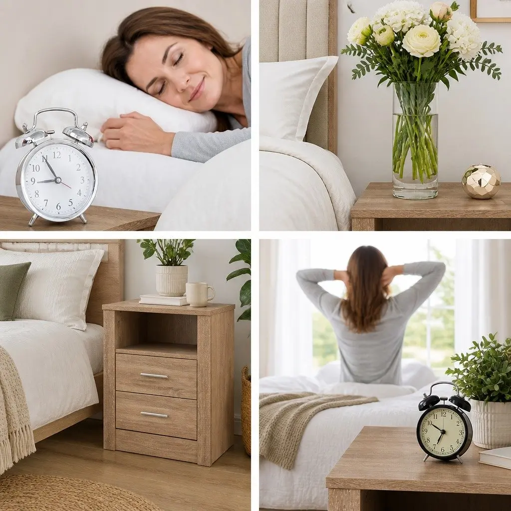 Oak Bedside Table Storage Unit Open Shelf 2 Drawers 52cm x 40cm x 54cm