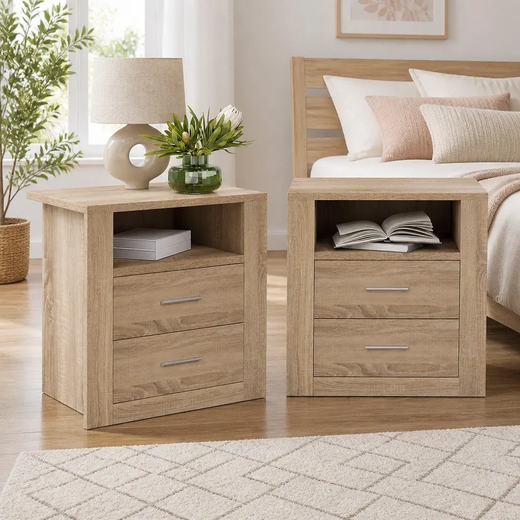 Oak Bedside Table Storage Unit Open Shelf 2 Drawers 52cm x 40cm x 54cm