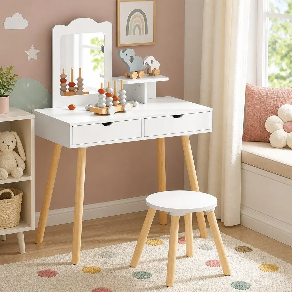 Kids Dressing Table Vanity Set Wooden Legs White 70cm x 34cm x 100cm with Chair Mirror Storage