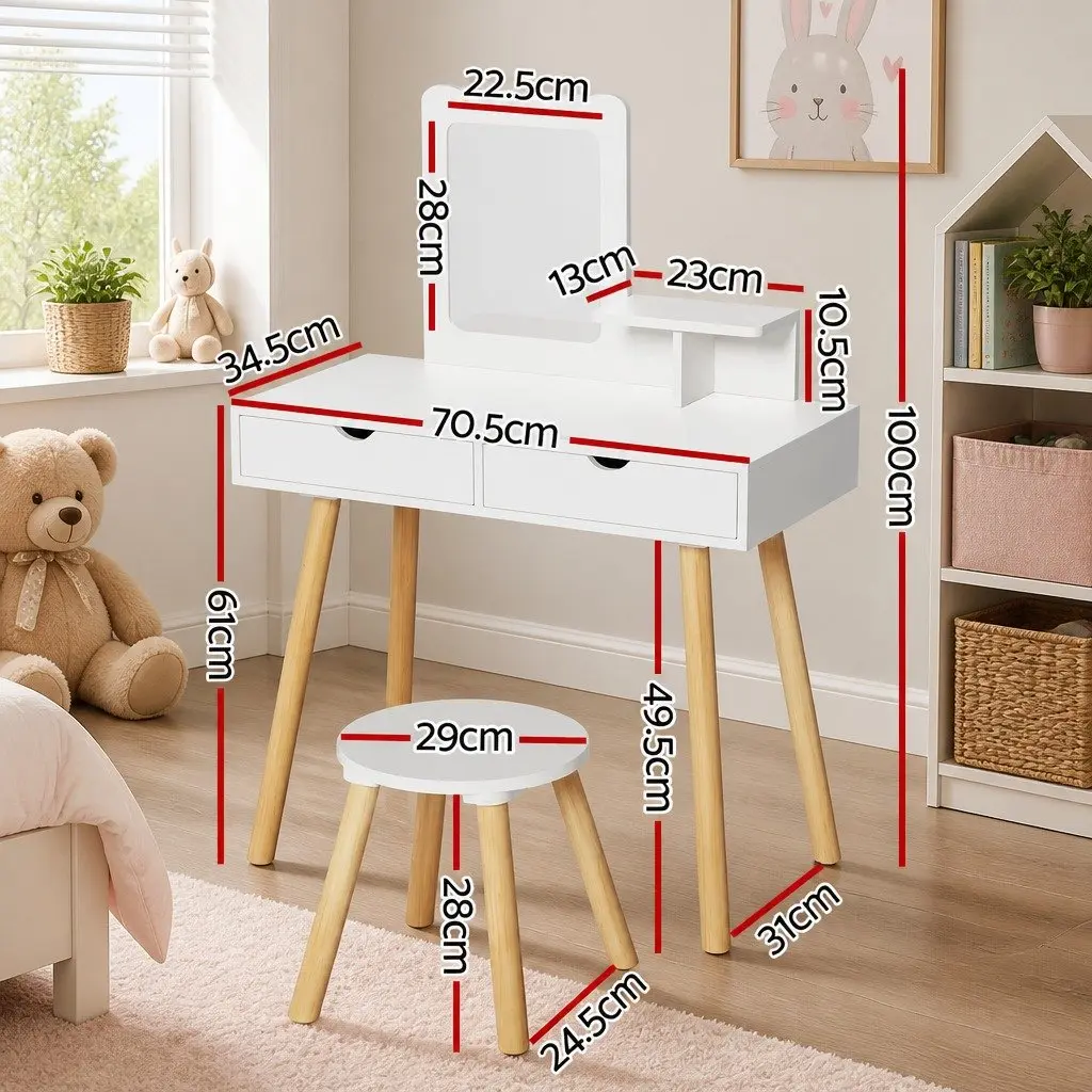 Kids Dressing Table Vanity Set Wooden Legs White 70cm x 34cm x 100cm with Chair Mirror Storage