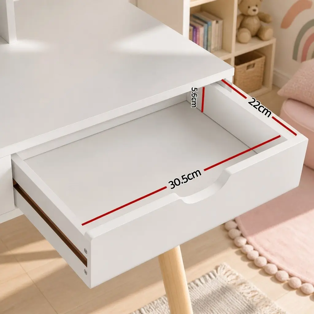 Kids Dressing Table Vanity Set Wooden Legs White 70cm x 34cm x 100cm with Chair Mirror Storage