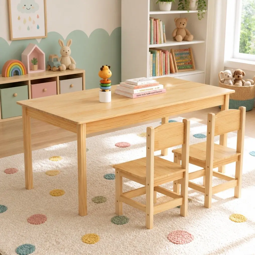 Kids Table and 2 Chairs Set Pinewood Natural 120cm x 60cm x 53cm for Playroom Study