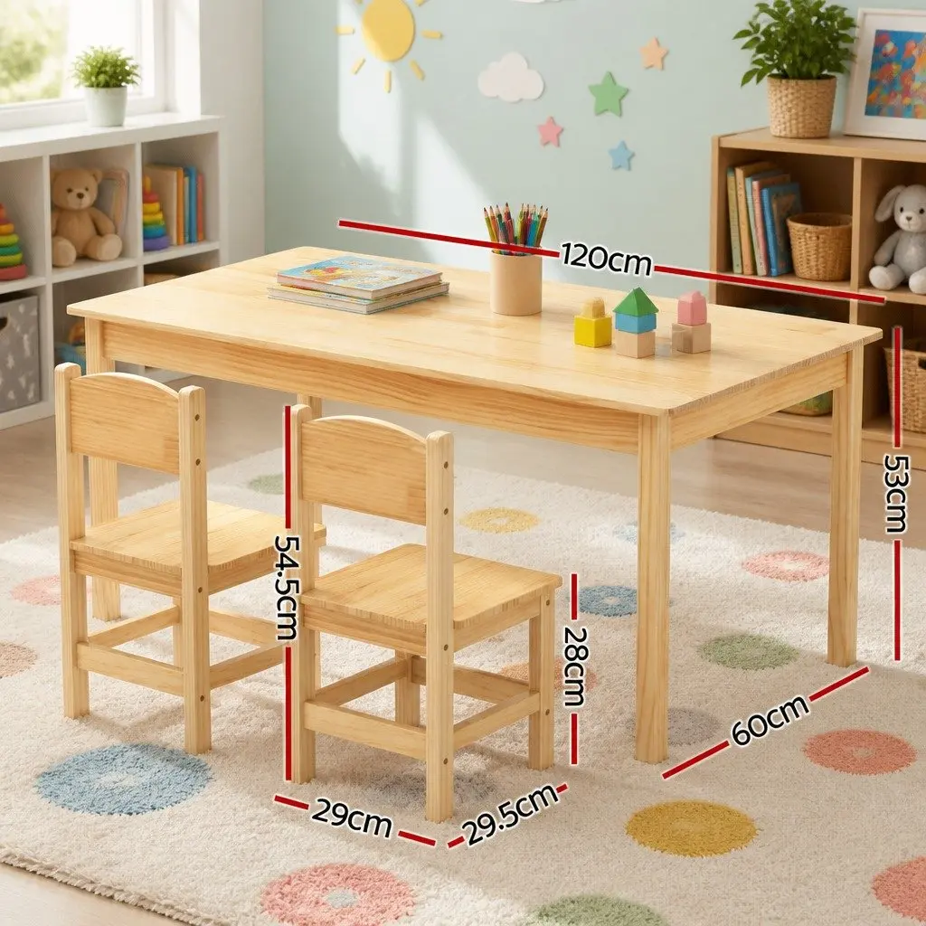 Kids Table and 2 Chairs Set Pinewood Natural 120cm x 60cm x 53cm for Playroom Study