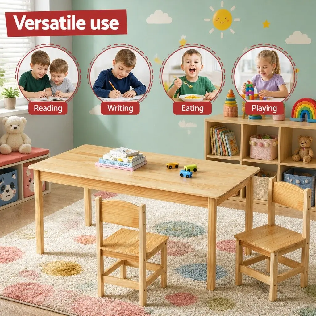 Kids Table and 2 Chairs Set Pinewood Natural 120cm x 60cm x 53cm for Playroom Study