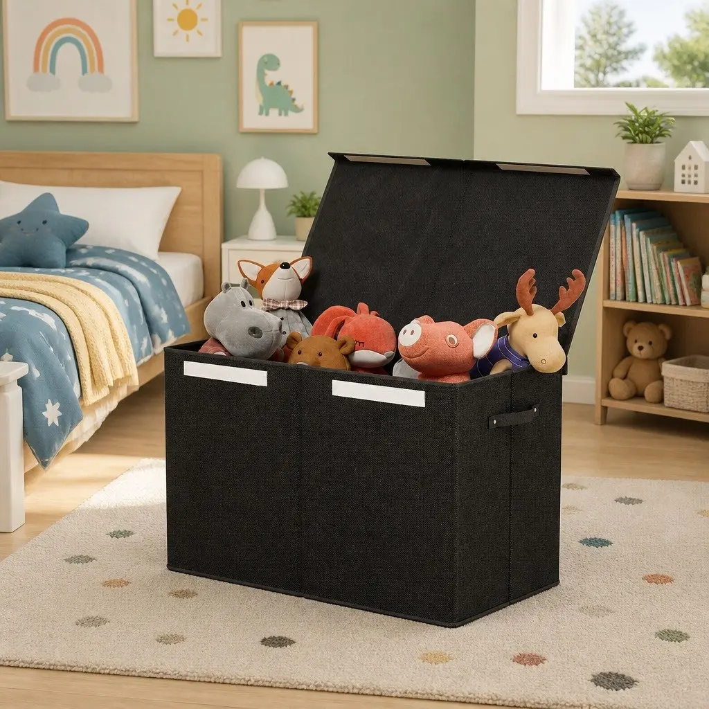 Toy Storage Box Linen Fabric and Cardboard Collapsible 63 x 33 x 40 cm Black