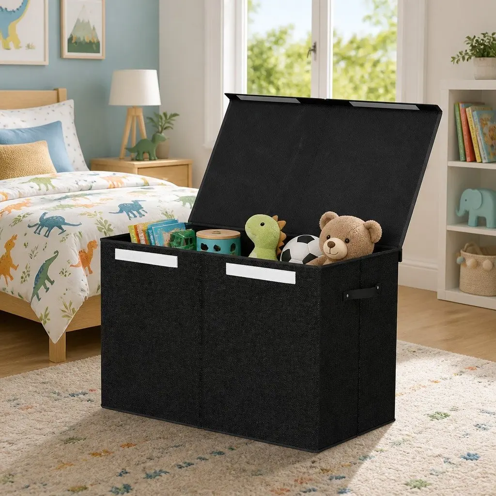 Toy Storage Box Linen Fabric and Cardboard Collapsible 63 x 33 x 40 cm Black