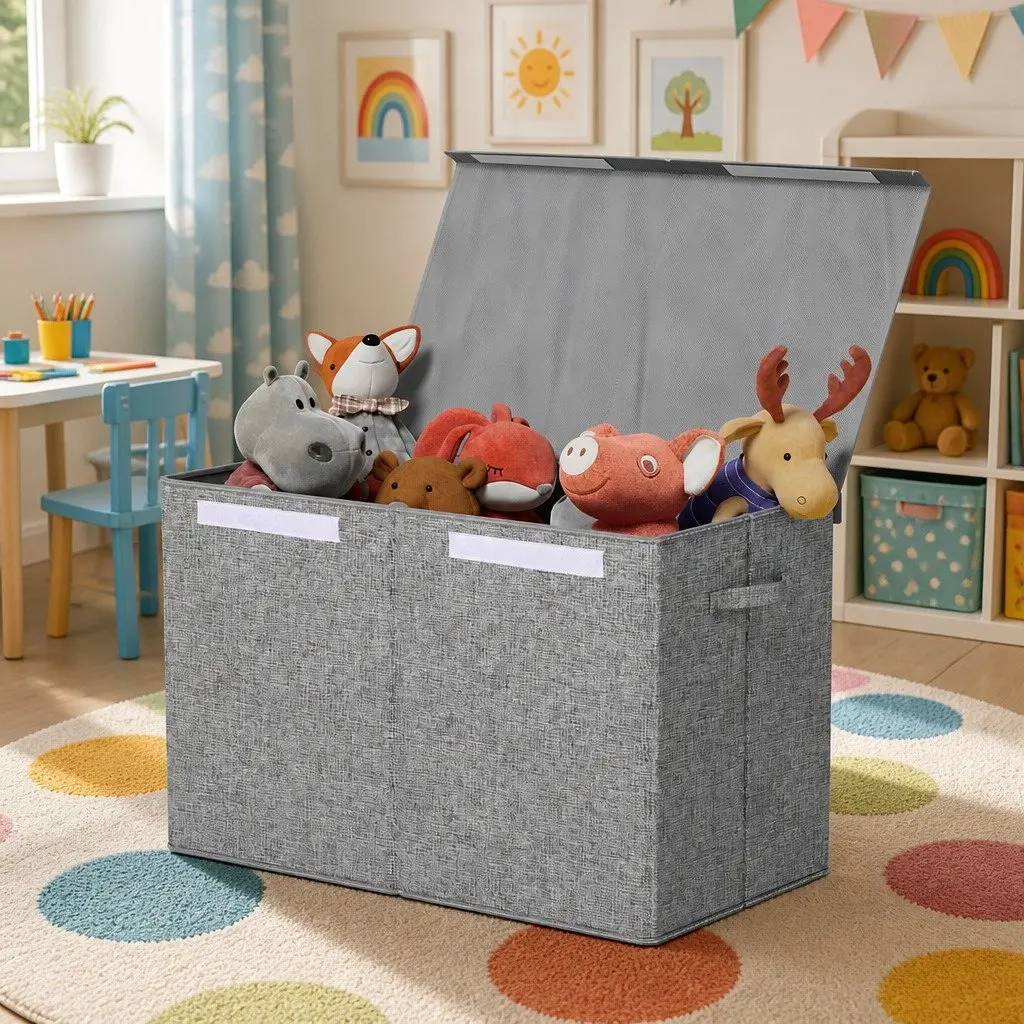 Toy Box Chest Storage Organizer Linen Fabric Cardboard Flip-Top Lid Grey Collapsible