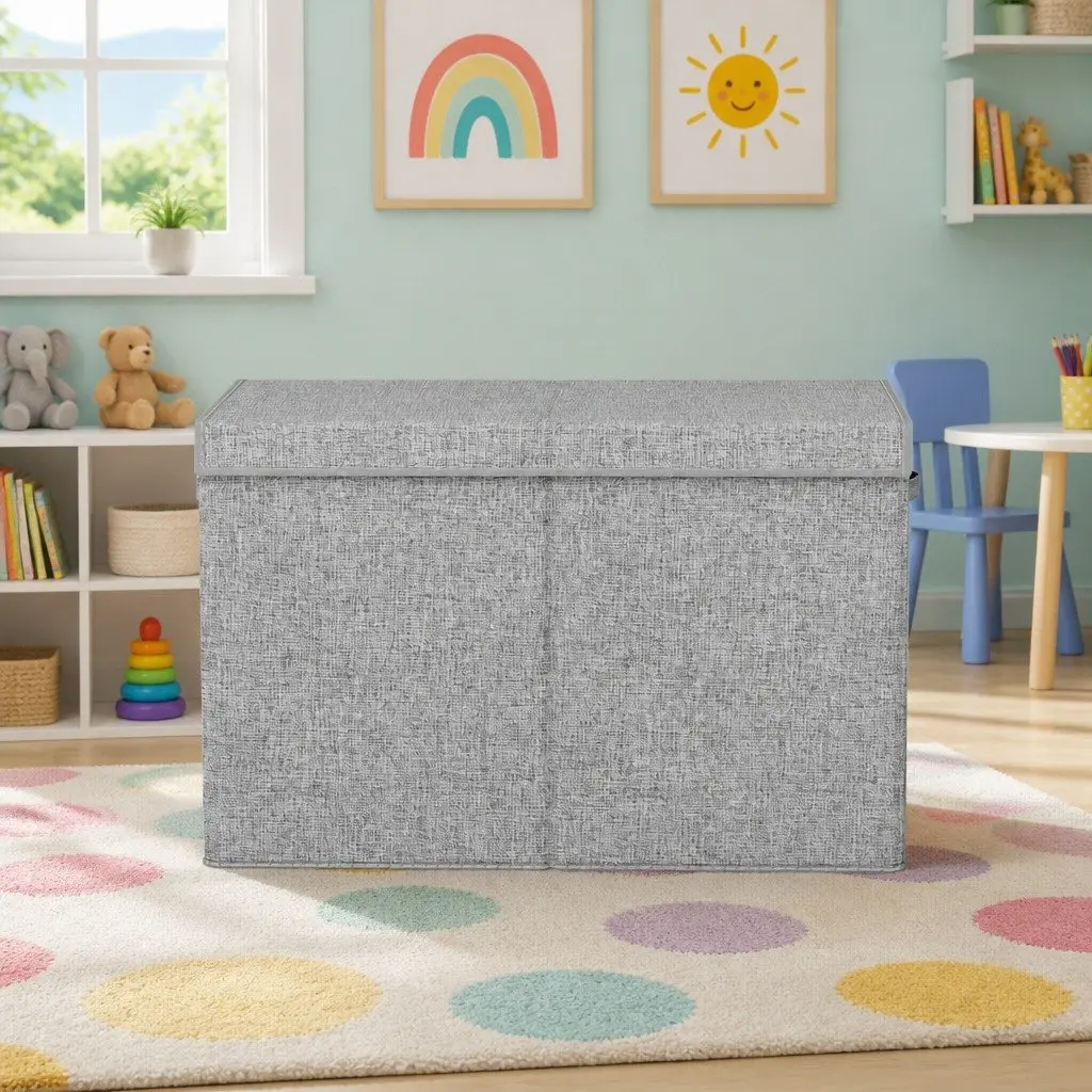 Toy Box Chest Storage Organizer Linen Fabric Cardboard Flip-Top Lid Grey Collapsible