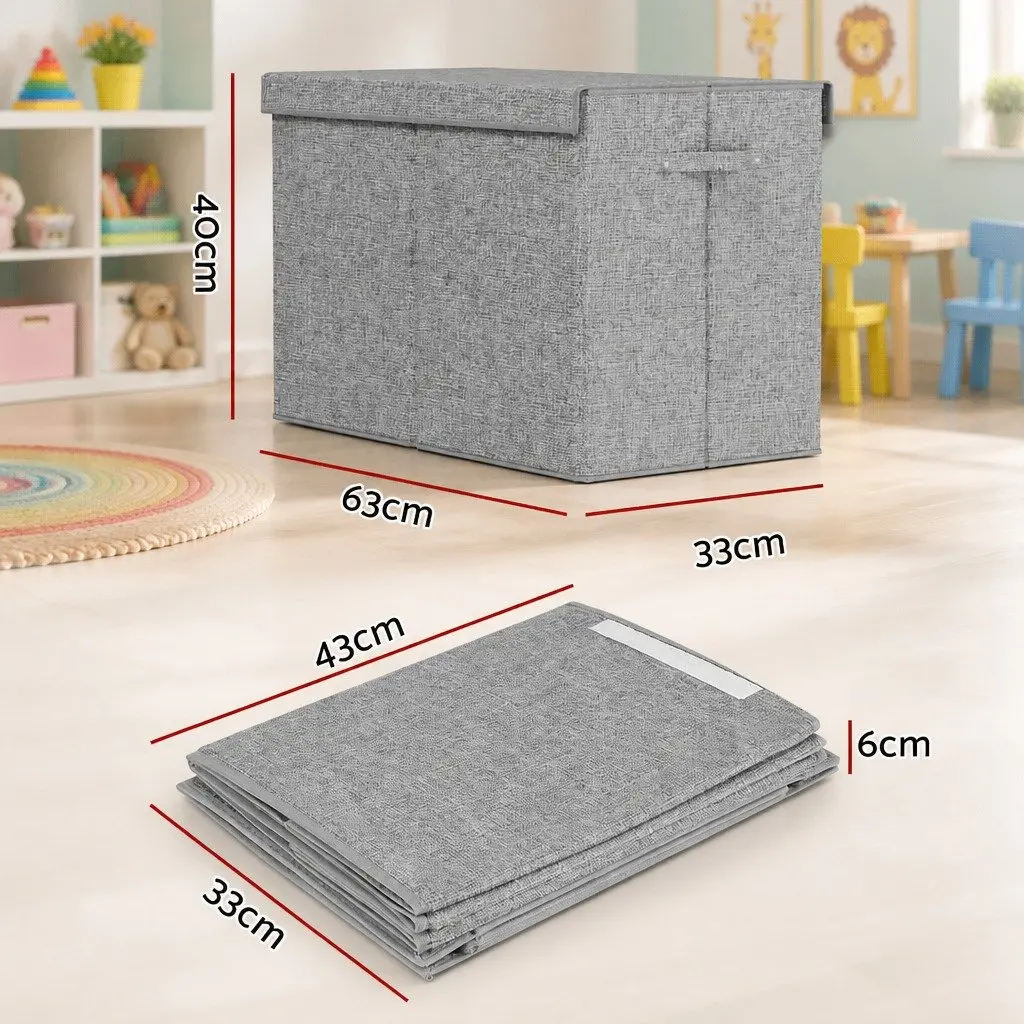 Toy Box Chest Storage Organizer Linen Fabric Cardboard Flip-Top Lid Grey Collapsible
