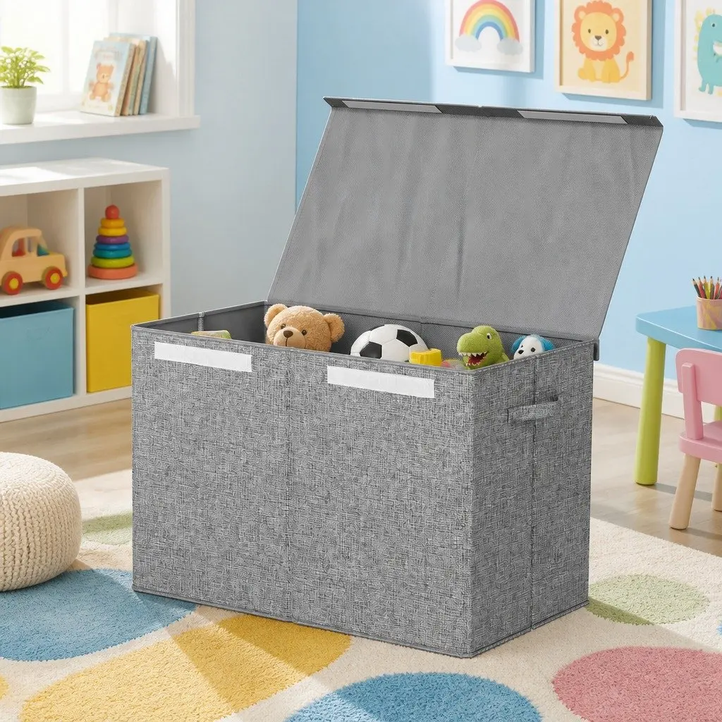Toy Box Chest Storage Organizer Linen Fabric Cardboard Flip-Top Lid Grey Collapsible