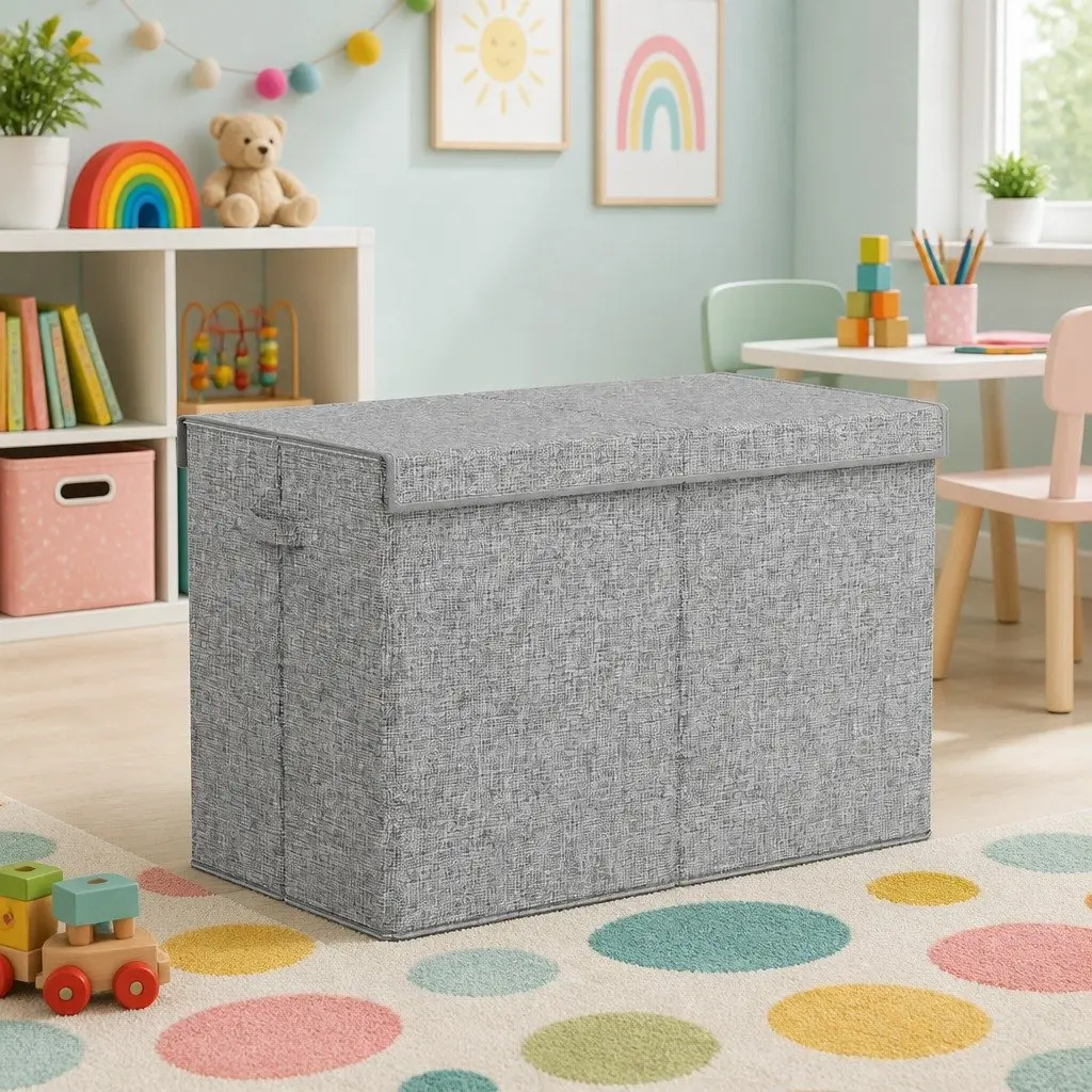 Toy Box Chest Storage Organizer Linen Fabric Cardboard Flip-Top Lid Grey Collapsible