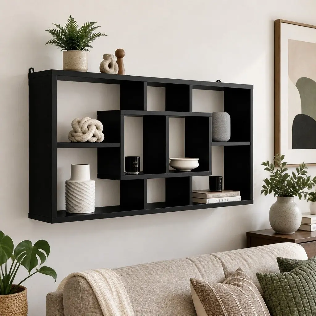 Floating Wall Shelf Bookcase with 8 Display Compartments Black
