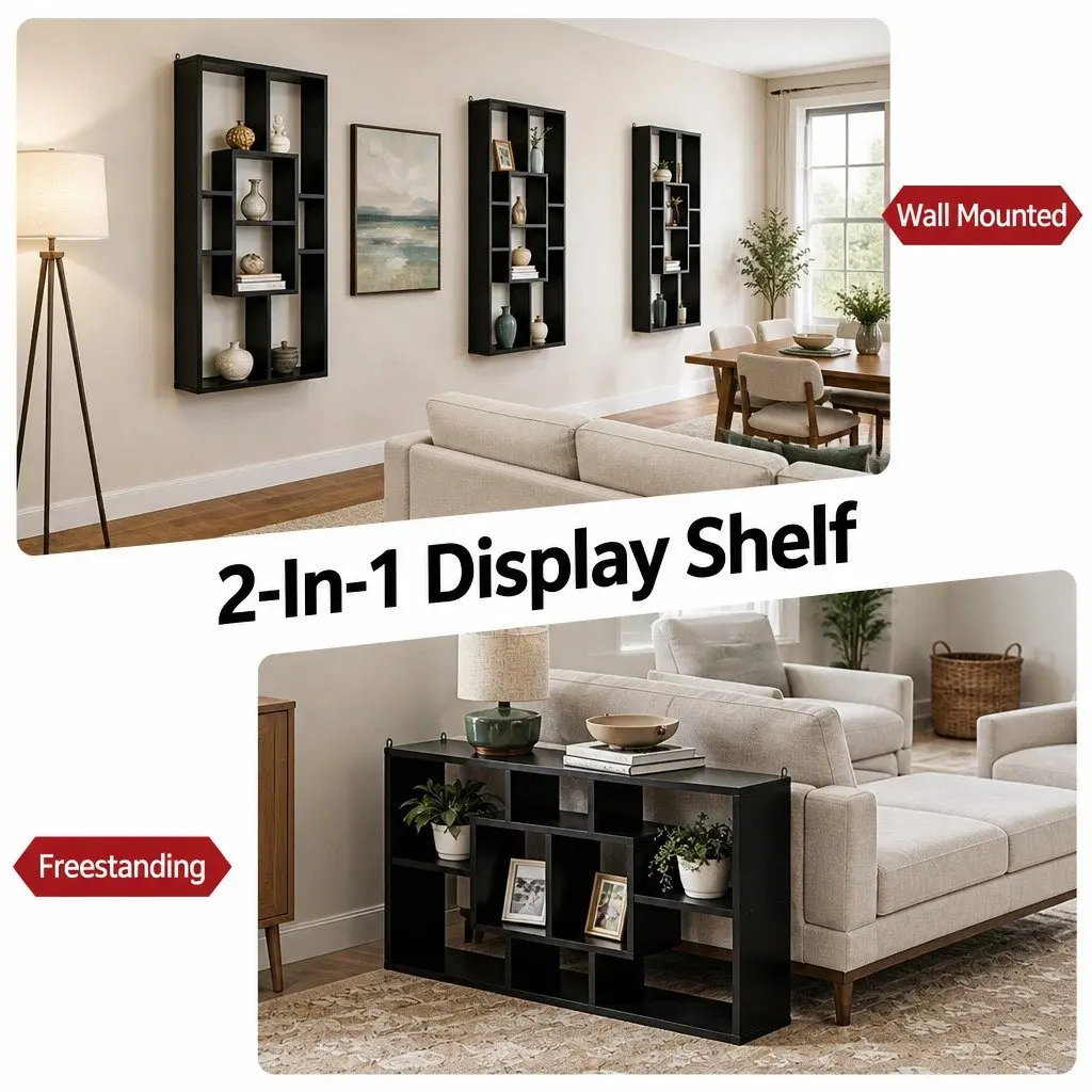 Floating Wall Shelf Bookcase with 8 Display Compartments Black